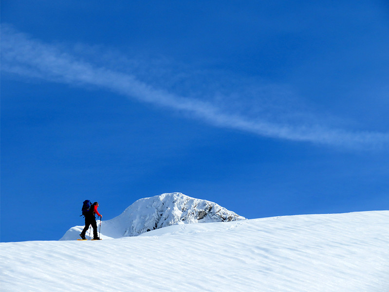 Promeneur en raquette dans un paysage ensoleillé et enneigé