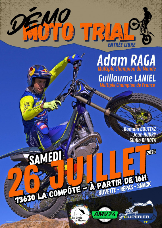 Affiche démo moto trial 2025 avec Adam RAGA